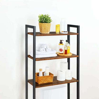 Three-tiered shelf with various items including a plant, towels, and bottles on a white background