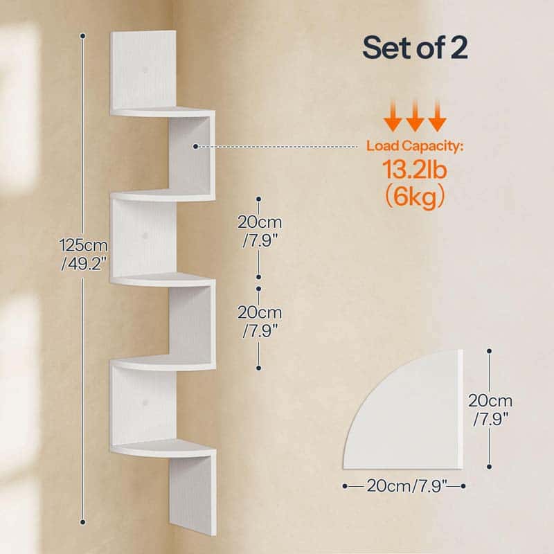 White corner wall shelf with dimensions and load capacity information on a beige background