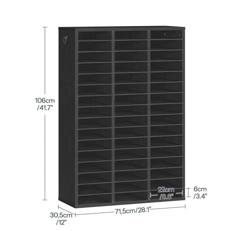 Black multi-compartment storage cabinet with dimension annotations showing height, width, and depth measurements on a white background.