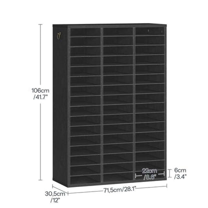 Black multi-compartment storage cabinet with dimension annotations showing height, width, and depth measurements on a white background.