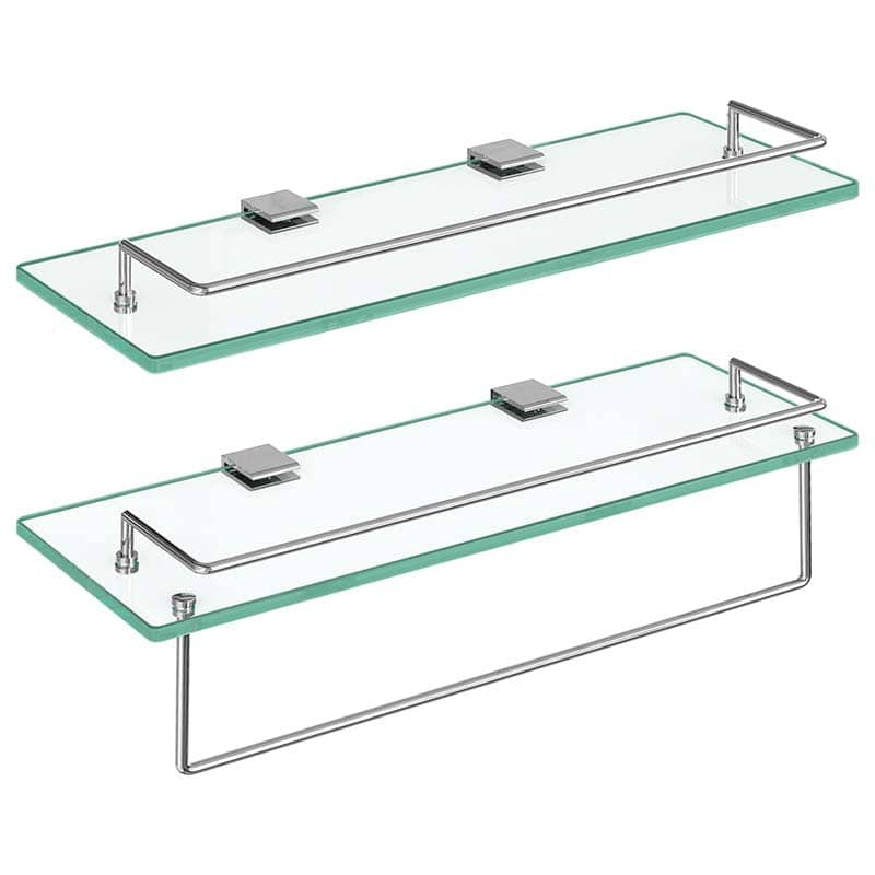 Two rectangular glass bathroom shelves with chrome metal mounting brackets, shown on a plain white background.