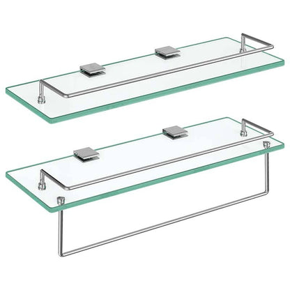 Two rectangular glass bathroom shelves with chrome metal mounting brackets, shown on a plain white background.