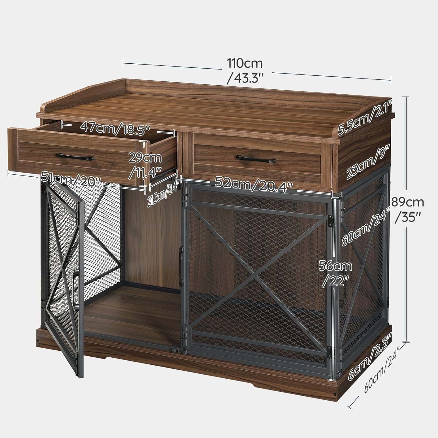 Wooden desk with dimensions labeled on a white background
