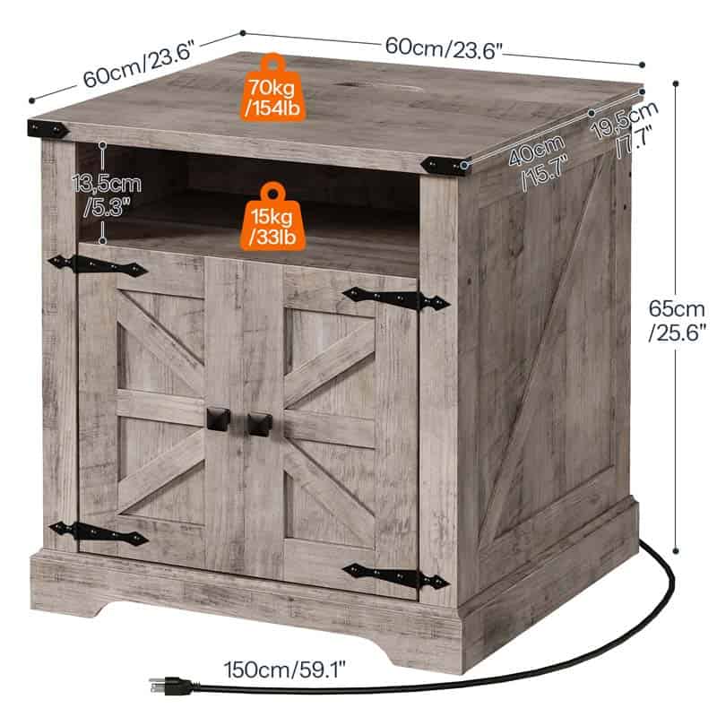 Wooden side table with dimensions and weight indicators on a white background