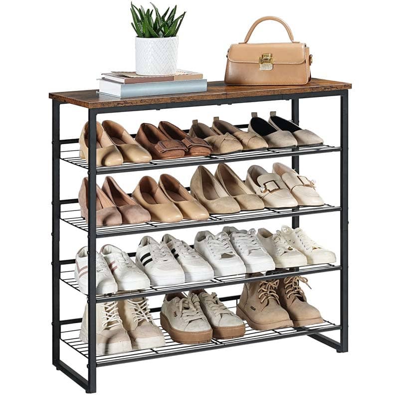Shoe rack with various shoes on a white background