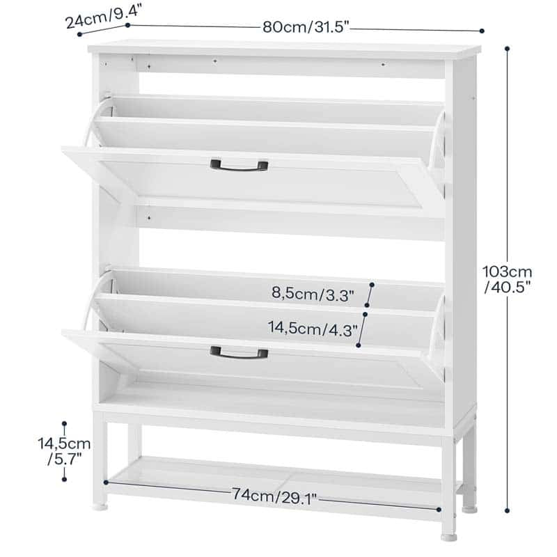 Detailed dimensions and internal compartment size specifications chart of HOOBRO slim shoe rack cabinet.