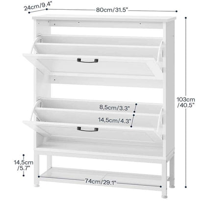Detailed dimensions and internal compartment size specifications chart of HOOBRO slim shoe rack cabinet.