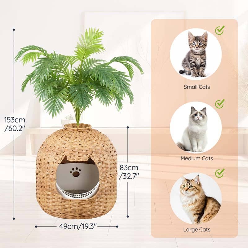 A woven wicker cat house with a built-in cat bed opening, shown with a potted plant on top and dimension callouts. On the right, a peach panel shows cat breed suitability with small, medium, and large cat photos and check marks.