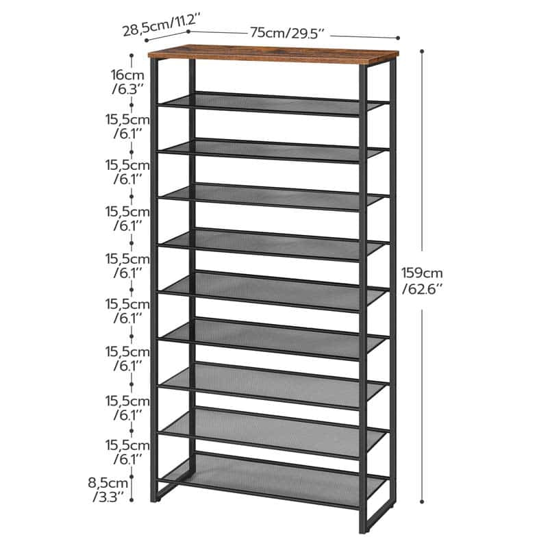 A tall shelving unit with multiple gray mesh shelves and a medium brown wood-look top, shown with dimension labels and arrows indicating height and width measurements on a white background.
