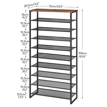 A tall shelving unit with multiple gray mesh shelves and a medium brown wood-look top, shown with dimension labels and arrows indicating height and width measurements on a white background.