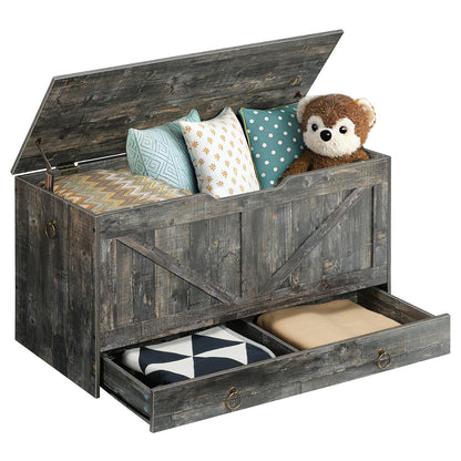 HOOBRO 39.3-inch Wooden Toy Box Storage Box with Drawers & Safety Hinges & U-Shaped Opening