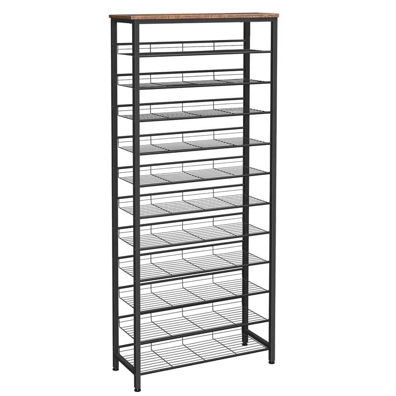 Industrial tall narrow shoe shelf organizer with a matte black metal mesh frame and a rustic brown wood top.