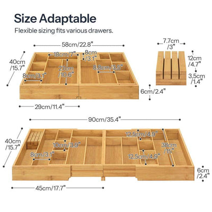 A size diagram for a bamboo drawer organizer showing front and angled views with labeled dimensions in centimeters and inches, plus a small inset of the back panel dimensions.