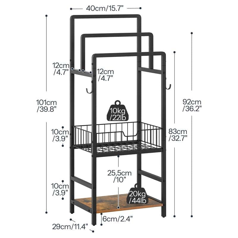 Size dimensions chart for the 39.8 inches high freestanding towel rack measuring 15.7 by 11.4 inches.