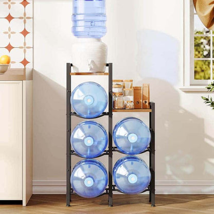 A step-style water bottle organizer stand styled beautifully in a warm home kitchen pantry corner.