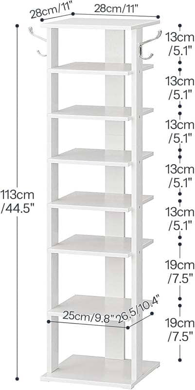 White bookshelf with dimensions indicated on a white background