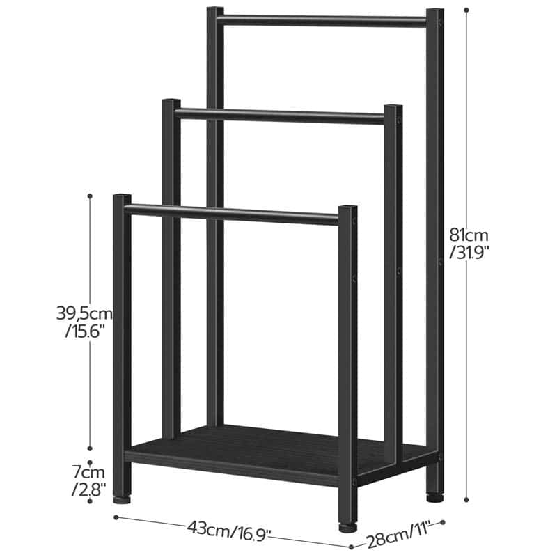 Black metal stand with dimensions labeled on a white background