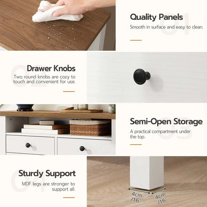 White dresser with wooden top, featuring drawer knobs, semi-open storage, and MDF legs, with text describing features.