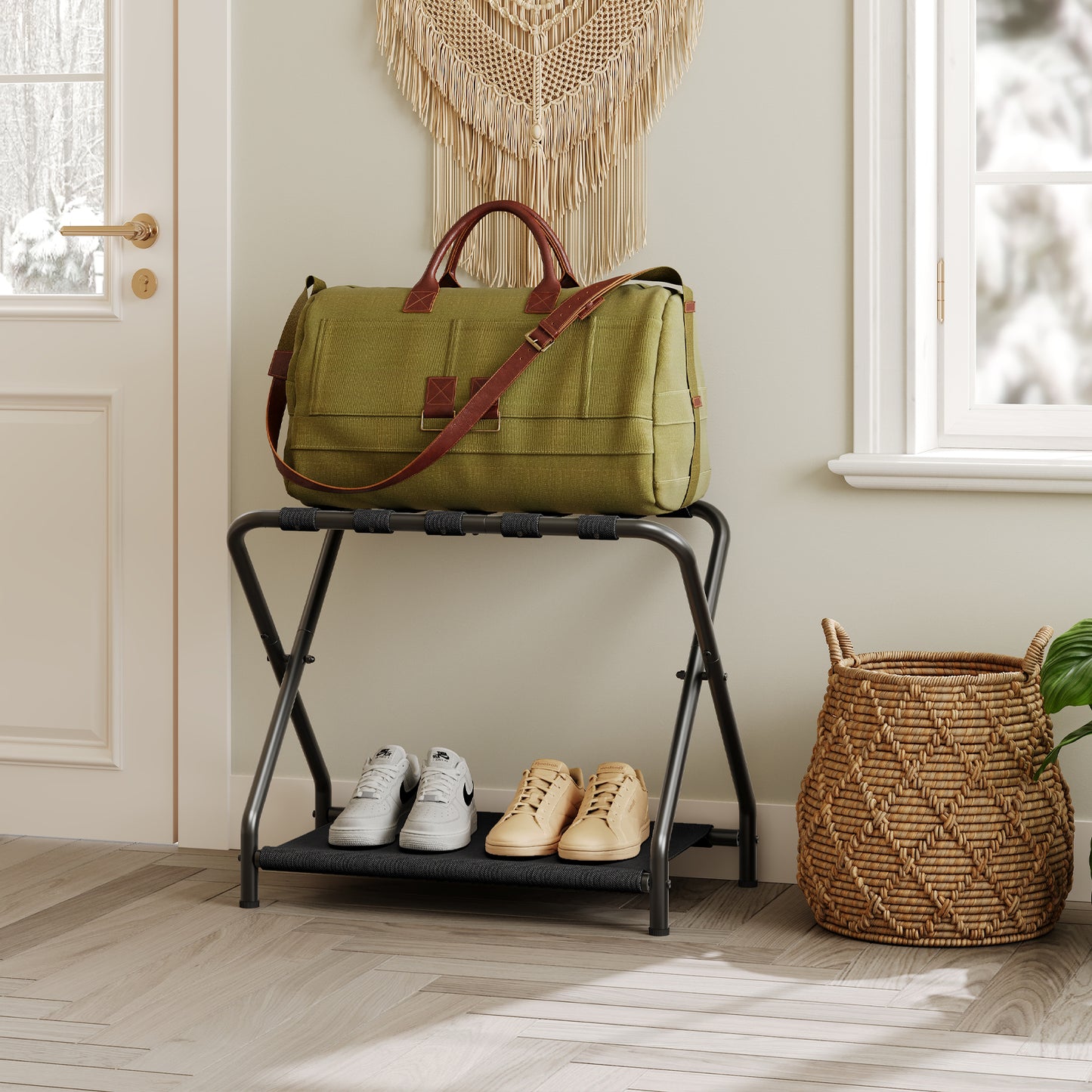 HOOBRO Folding Luggage Rack with Fabric Shelf