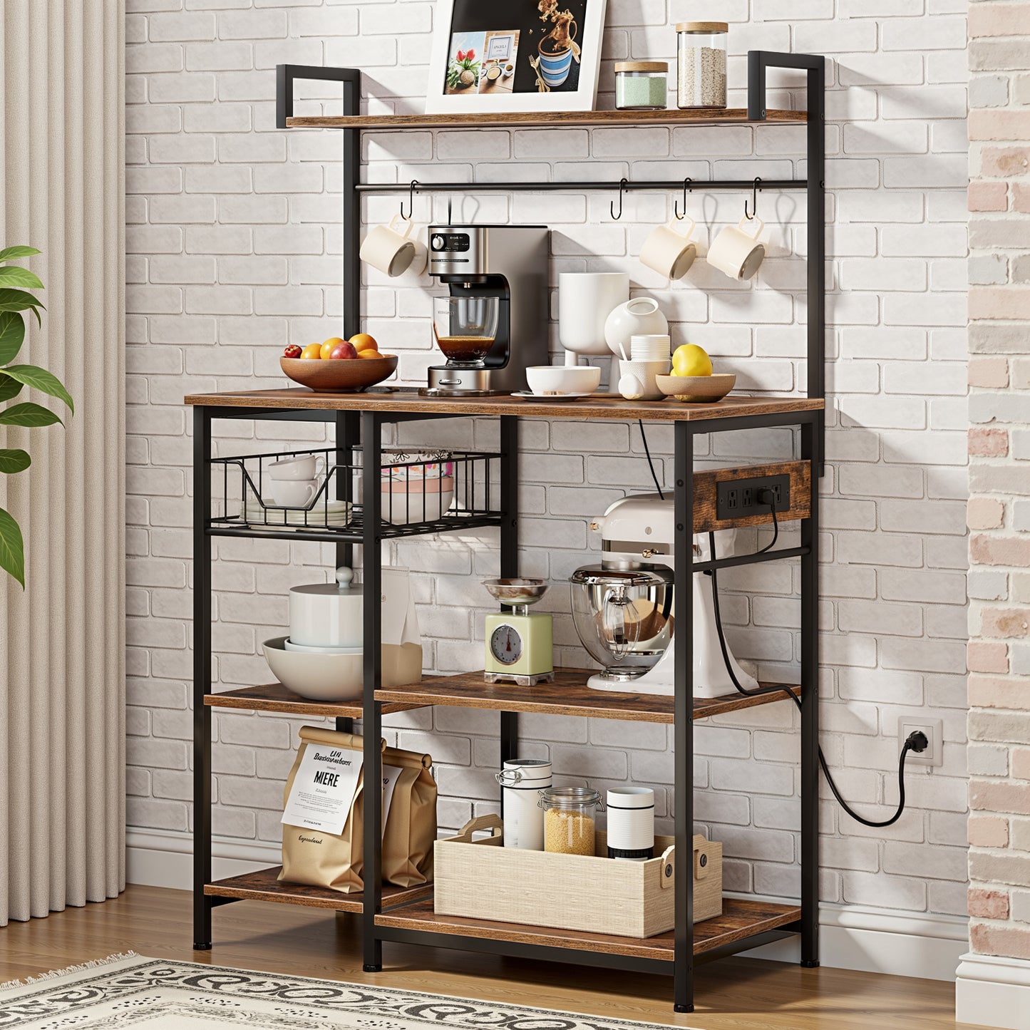 HOOBRO 35.4-inch Bakers Rack with Power Outlet & Mesh Basket & Microwave Bracket