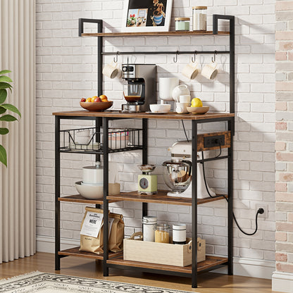 HOOBRO 35.4-inch Bakers Rack with Power Outlet & Mesh Basket & Microwave Bracket