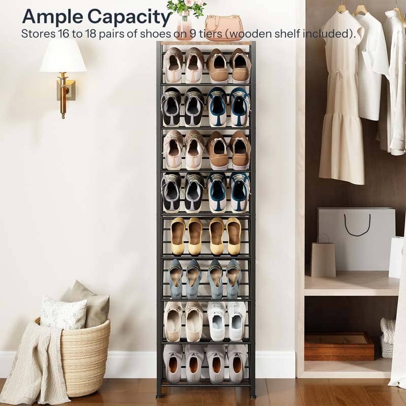 Ample capacity vertical shoe storage racks holding multiple pairs of heels and sneakers