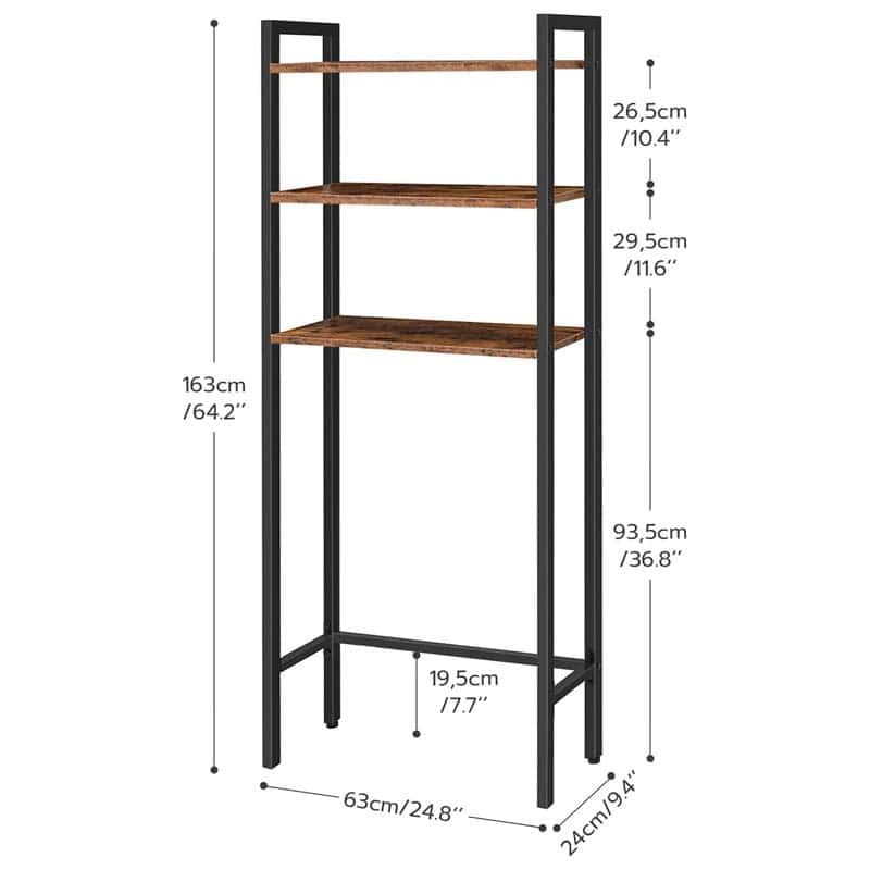 Dimensions of a bookshelf with wooden shelves and metal frame on a white background