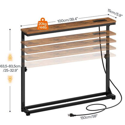 Wooden shelf with black metal frame and dimensions on a white background
