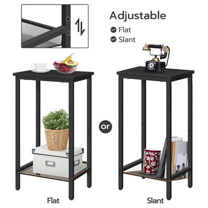 Black adjustable side table with flat and slant positions, displaying various items.