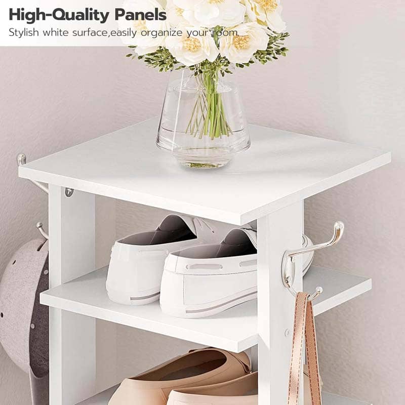 White storage shelf with shoes, a helmet, and a vase of flowers on a neutral background