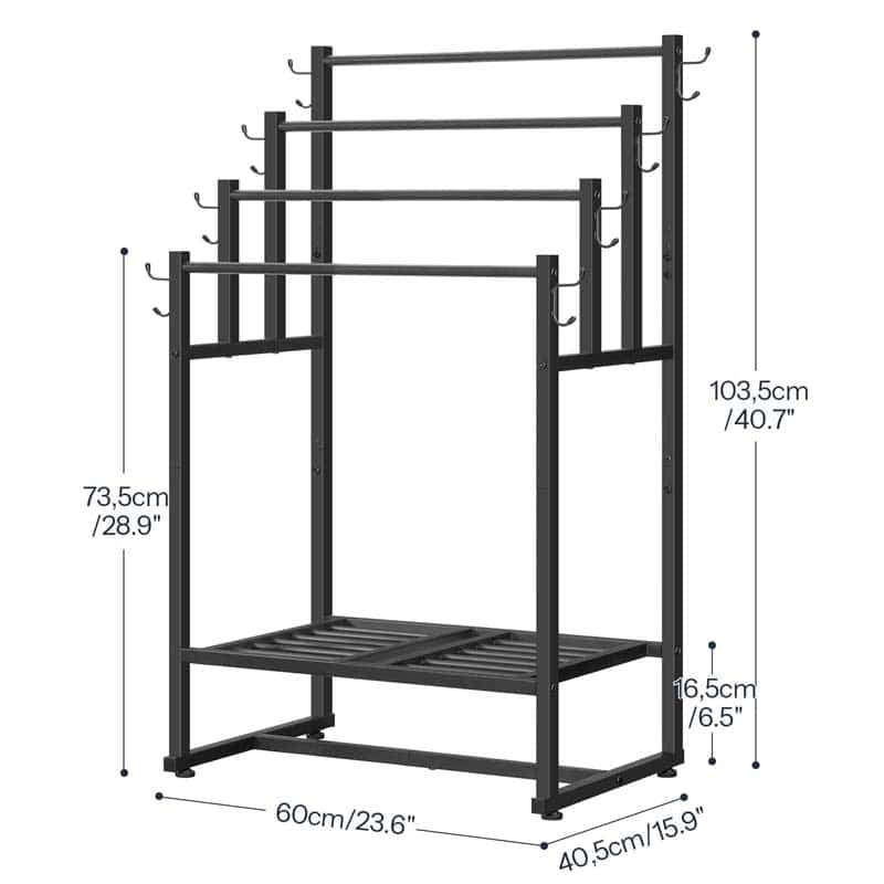 Black metal clothing rack with multiple hanging bars, side hooks, and a slatted bottom shelf, shown with dimension labels and measurements on a white background.
