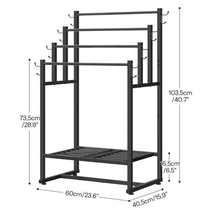 Black metal clothing rack with multiple hanging bars, side hooks, and a slatted bottom shelf, shown with dimension labels and measurements on a white background.