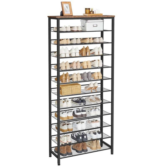 A 10-shelf shoe rack with a black metal frame and a dark wood top surface, shown holding various shoes and small decorative items against a plain white background.
