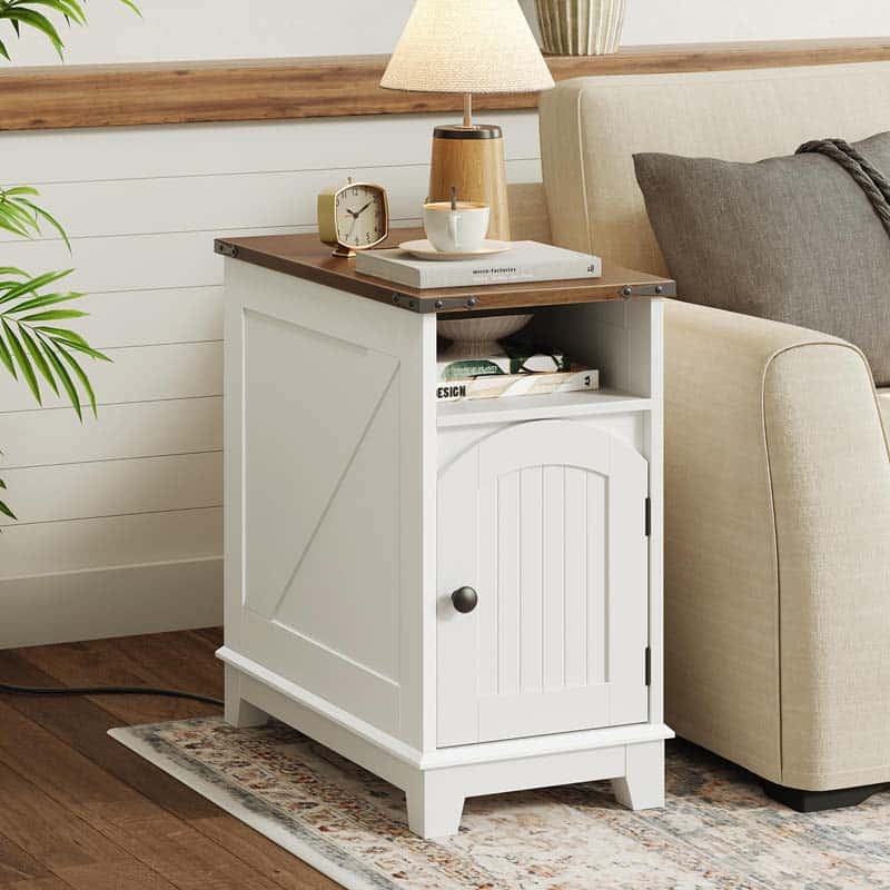 White side table with wooden top next to a beige sofa in a living room setting.