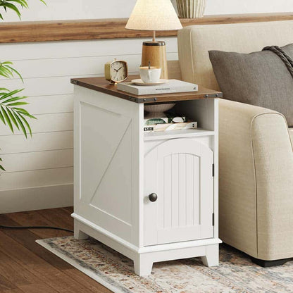 White side table with wooden top next to a beige sofa in a living room setting.