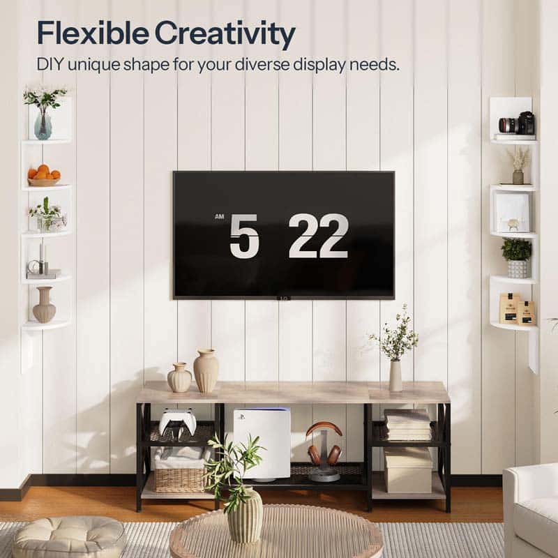 Modern living room with a TV displaying numbers, shelves, and decor.