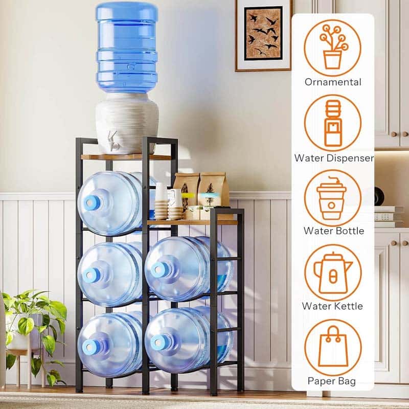 Heavy duty metal water cooler jug storage rack holding five 5-gallon bottles and a small dispenser.