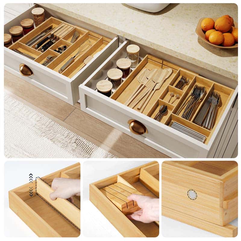 A set of light natural bamboo drawer organizer inserts shown installed in white kitchen drawers, holding utensils and jars. The collage includes close-up views of the organizer compartments and two smaller panels demonstrating the insert being pulled out and folded.