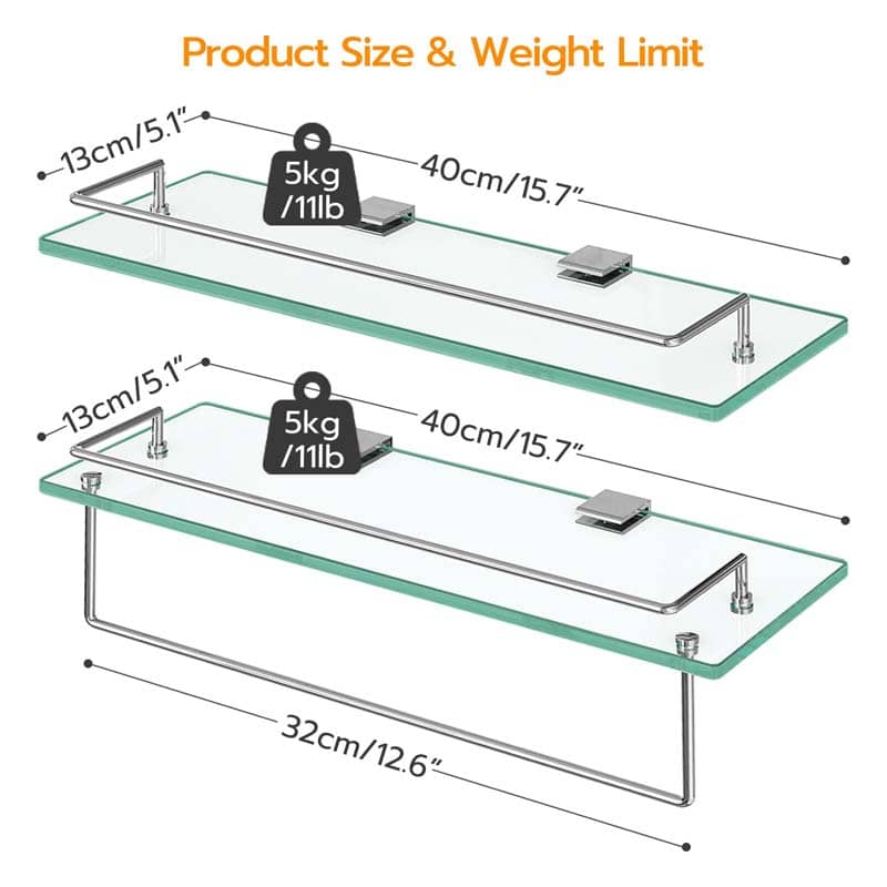 Product size and weight limit diagram for a double glass shelf with chrome metal brackets. The diagram shows two views of the shelf with dimension labels: 40cm/15.