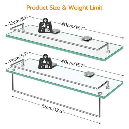 Product size and weight limit diagram for a double glass shelf with chrome metal brackets. The diagram shows two views of the shelf with dimension labels: 40cm/15.