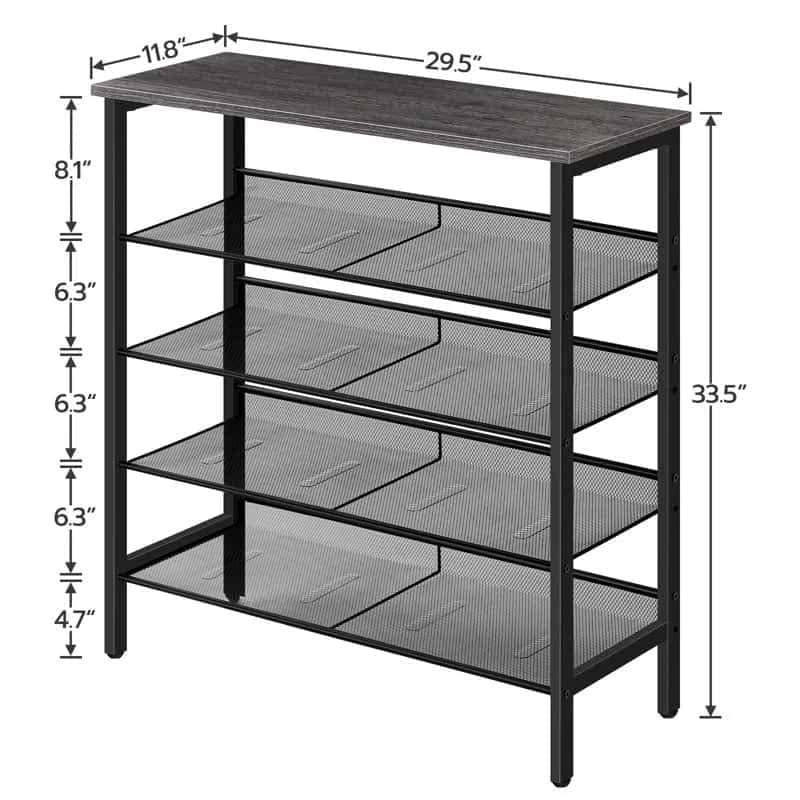 Black metal shelf with dimensions on a white background