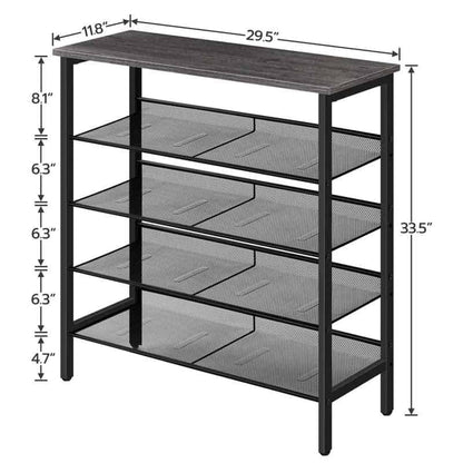 Black metal shelf with dimensions on a white background