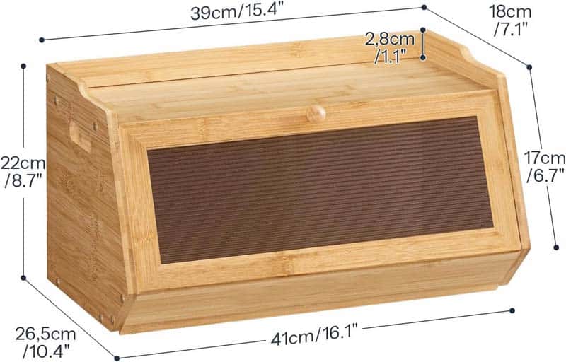 A bamboo storage box with a slanted front door and a dark mesh screen, shown with dimension labels and measurement lines on a white background.