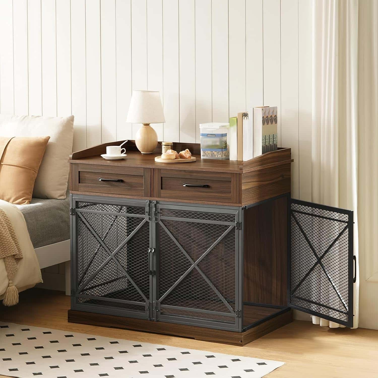 Wooden sideboard with metal mesh doors in a bedroom setting