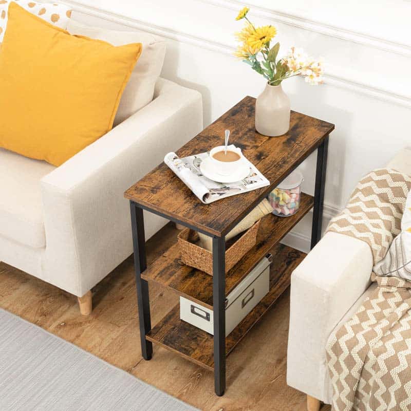 Slim couch side table fitting perfectly into a tight narrow gap between two armchairs