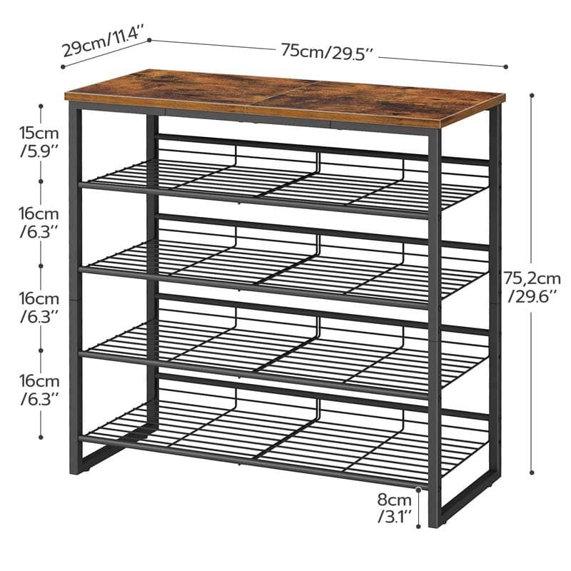 A four-tier shoe rack with a rustic brown wood top and a black metal frame, shown with dimension lines and labels indicating measurements of 75cm width, 75.2cm height, 29cm depth, and 16cm shelf spacing.