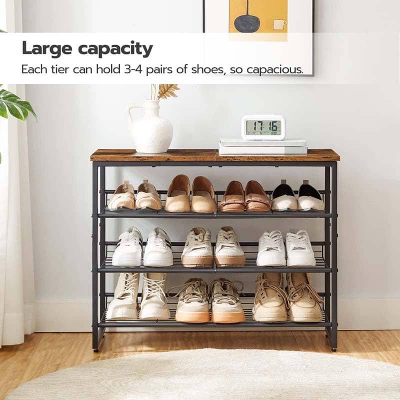 A 4-tier shoe rack with a dark metal frame and a rustic wood top, shown in a styled home setting with shoes on the shelves, a white vase, and a digital clock on top. Text on the left reads 'Large capacity Each tier can hold 3-4 pairs of shoes, so capacious.