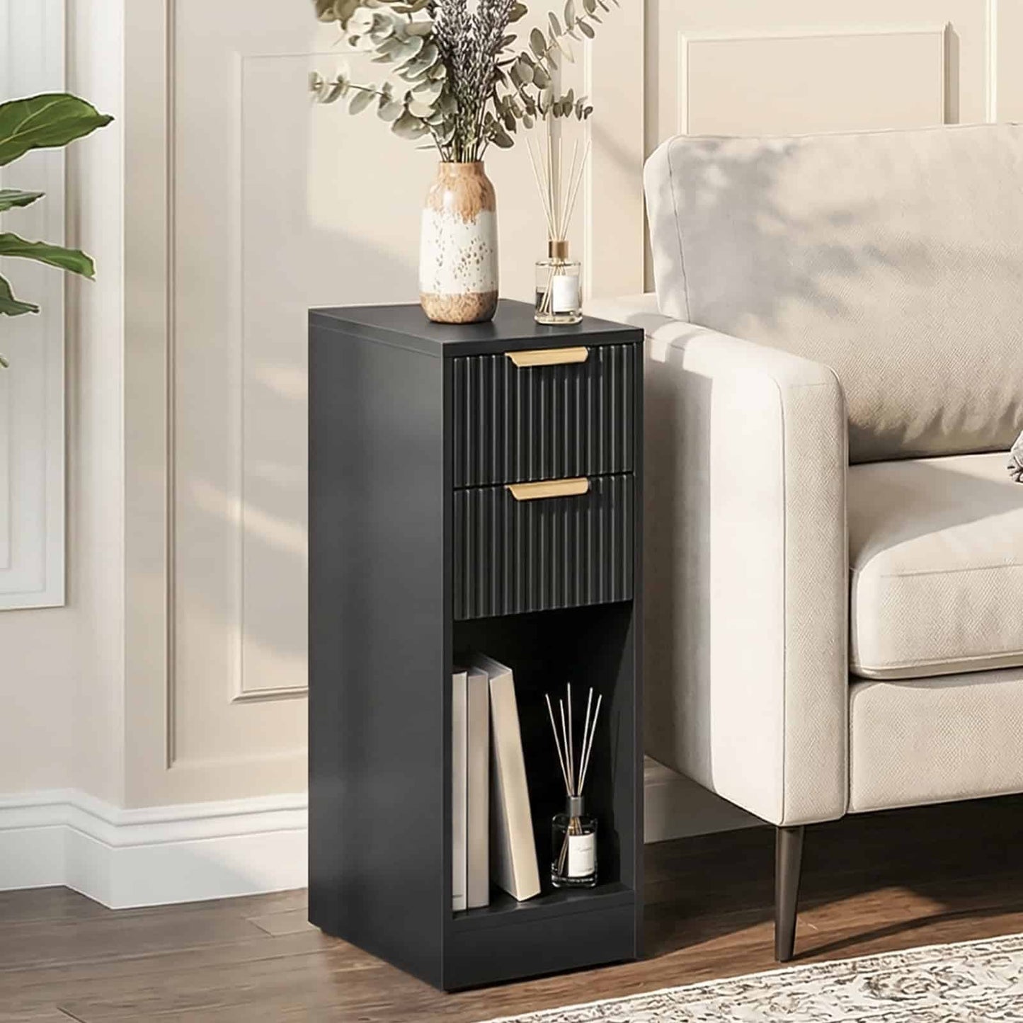 HOOBRO Slim Narrow 2-Drawer Black Fluted Nightstand