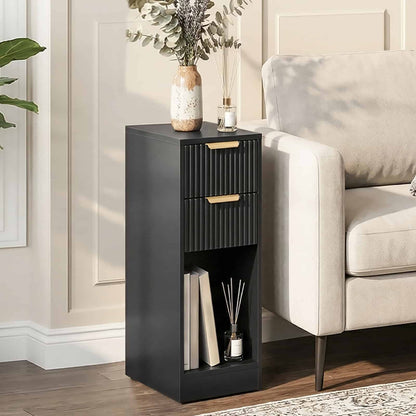 HOOBRO Slim Narrow 2-Drawer Black Fluted Nightstand