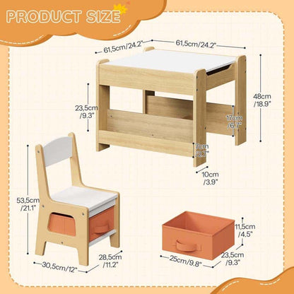 Wooden children's desk, chair, and storage box with measurements on a light background